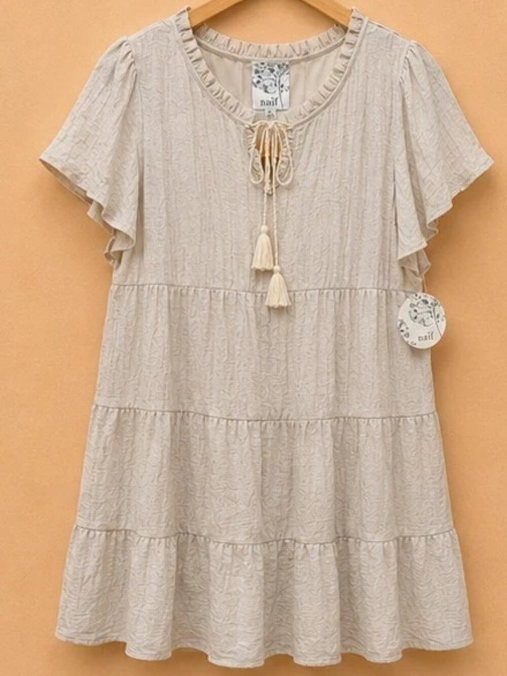 Beige Tiered Boho Dress NWT | Flutter Sleeve Babydoll Dress Size L